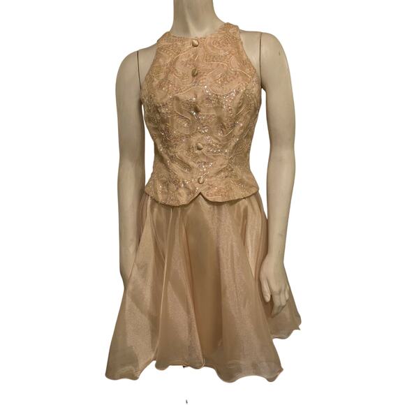 Vintage 90s Faviana Cocktail Dress / Prom Gown Sz 3/4 Gold Sequined - Picture 4 of 11